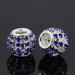 Perles européennes en laiton avec strass, Perles avec un grand trou   , rondelle, couleur argentée, saphir, 12x10mm, Trou: 4mm