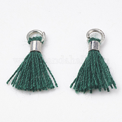 Polycotton(Polyester Cotton) Tassel Pendant Decorations, Mini Tassel, with Brass Findings, Platinum, Teal, 10~15x3~4mm, Hole: 2mm