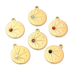 Ion Plating(IP) 316 Stainless Steel Flat Round Pendants, Natural Mixed Stone Sun Charms, Real 24K Gold Plated, 21.5x18x4mm, Hole: 1.6mm
