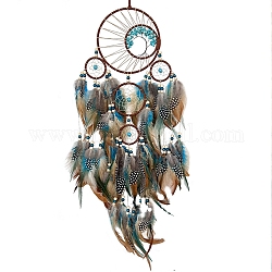 Плетеная сетка/паутина с подвесными украшениями на стене из перьев, с деревянных бусин, синтетические бирюзовые, красочный, 800x150 мм