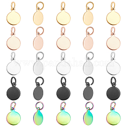 Unicraftale 50Pcs 5 Colors Vacuum Plating 304 Stainless Steel Charms, with Jump Rings, Blank Stamping Tag, Flat Round, Mixed Color, 10.5x8x0.8mm, Hole: 3.5mm, 10pcs/color