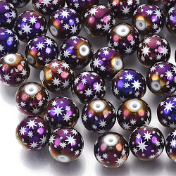 Perle di vetro placcate natalizie, tondo con il modello stella, porpora placcato, 10mm, Foro: 1.2 mm