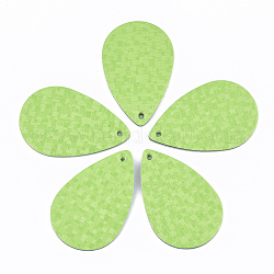 Большие кожаные подвески, слеза, с клетчатой ​​рисунком, бледно-зеленый, 58x37.5x1.5 мм, отверстие : 2 мм
