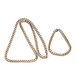 304 Edelstahl-Cuban Link Kette Halsketten & Armbänder Schmuck Sets, mit Karabiner verschlüsse, goldenen und Edelstahl Farbe, 23.4 Zoll (594 mm), 195 mm (7-5/8 Zoll) 