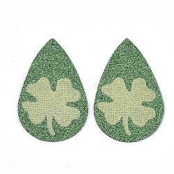 Gros pendentifs en cuir pu, avec de la poudre de paillettes, larme, avec motif de trèfle, verte, 56x37x1.5mm, Trou: 1.2mm