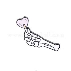 Schädelhand mit Herz-Emaille-Pin, Elektrophorese schwarz plattiertes Legierungsabzeichen für Rucksackkleidung, Perle rosa, 22.5x39.5 mm