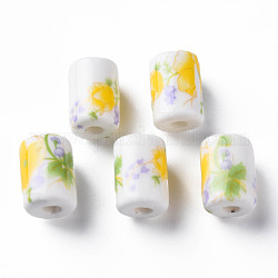 Perles en porcelaine manuelles, famille rose de style, colonne avec motif de fleurs, jaune, 12.5x8.5mm, Trou: 3mm
