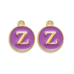 Golden Plated Alloy Enamel Charms, Enamelled Sequins, Flat Round with Alphabet, Letter.Z, Purple, 14x12x2mm, Hole: 1.5mm