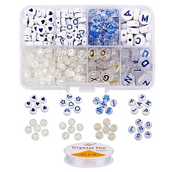 Kit de fabrication de bracelet de perles de lettres bricolage, y compris perles acryliques rondes plates transparentes et opaques et fil élastique, bleu, perles: environ 395 pièces / ensemble