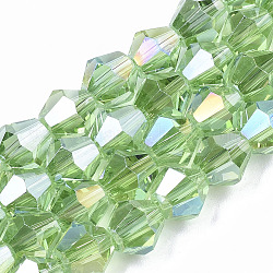 FilI di perline in vetro placcato, ab colore placcato, sfaccettato, bicono, verde chiaro, 7.5~8x7.5~8mm, Foro: 1.5 mm, circa 40pcs/filo, 11.81 pollice