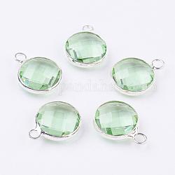 Silver Color Plated Brass Glass Flat Round Charms, Faceted, Pale Green, 12x8.5x3mm, Hole: 1.5mm