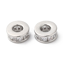Perles de zircone cubique micro pave en Laiton, plat rond, Platine plaqué réel, 7.5x3mm, Trou: 3.5mm