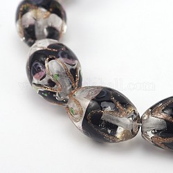 Oval Shaped Handmade Gold Sand Lampwork Beads, Black, 16x11mm, Hole: 2mm