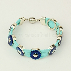 Fashion Jewelry Bracelets, Suede Cord with Alloy Enamel Slide Charms and Brass Magnetic Clasps, Cyan, 190x14mm