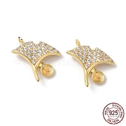 925 Sterling Silver Charms, with Cubic Zirconia, Gingko Leaf Charm, with S925 Stamp, Real 18K Gold Plated, 14x13x2mm, Hole: 1.2mm, Pin: 0.6mm