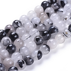 Natürliche turmalinierte Quarz / schwarze Rutilquarz Perlen Stränge, Runde, 8~8.5 mm, Bohrung: 0.8 mm, ca. 49 Stk. / Strang, 15.7 Zoll (40 cm)