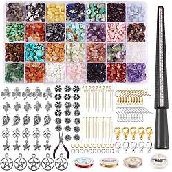 Natural Mixed Stone Chip Beads Kit for DIY Jewelry Set Making, Including Alloy Pendants & Beads & Clasps, Iron Earring Hook & Pins & Jump Rings, Copper Wires, Pliers, Plastic Sticks, Natural Gemstone Beads, Natural Mixed Stone Chip Beads: 348g/box