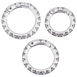Unicraftale 3 pièces 3 tailles style tibétain 304 anneaux de porte à ressort en acier inoxydable, anneaux texturés, placage ionique (ip), argent antique, 7 jauge, 23~18x3.5mm, diamètre intérieur: 12~17 mm, 1pc / style