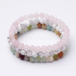 Mixed Gemstone Beaded Stretch Bracelet Sets, Stackable Bracelets, Natural Amazonite, Natural Rose Quartz and Howlite, Frosted, 2-1/8 inch(53mm)