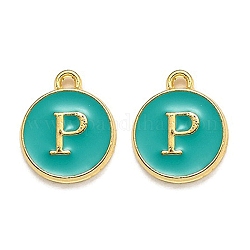Golden Plated Alloy Enamel Charms, Enamelled Sequins, Flat Round with Alphabet, Letter.P, Green, 14x12x2mm, Hole: 1.5mm