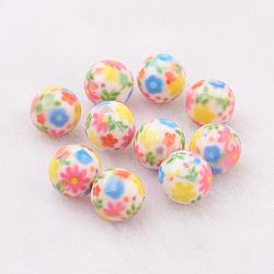 Perles en résine peintes par pulvérisation, avec motif de fleurs, ronde, colorées, 10mm, Trou: 2mm