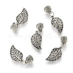 Alloy Pendants, with Tube Bails, Leaf, Filigree, Antique Silver, 28x10x1mm, Hole: 2.5mm