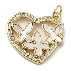 Brass Micro Pave Cubic Zirconia Pendants, with Shell, Heart with Butterfly, Real 18K Gold Plated, 19.5x20.5x3mm, Hole: 3.4mm
