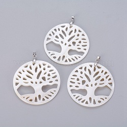 Natural White Shell Mother of Pearl Shell Pendants, with Brass Findings, Flat Round with Tree of Life, Platinum, 45~45.5x2~4.5mm, Hole: 4x4.5mm