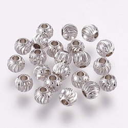 Brass Beads, Round with Corrugated, Platinum, 8x7mm, Hole: 2mm