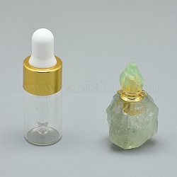 Colgantes de botella de perfume abribles con fluorita natural, Con Fornituras de latón y botellas de aceite esencial de vidrio, 36~39x21~25x15~19mm, agujero: 1.2 mm, capacidad de la botella de vidrio: 3 ml (0.101 fl. oz), capacidad de piedras preciosas: 1 ml (0.03 onzas líquidas)