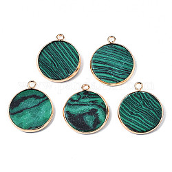 Synthetic Malachite Pendants, with Golden Plated Brass Edge and Loop, Flat Round, 25x21x3.5mm, Hole: 2mm
