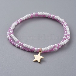 Braccialetti elasticizzati per bambini con perline di vetro, bracciali impilabili, con ciondoli a stella in ottone, lilla, 2 pollice (5 cm), 2 pc / set