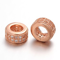 Perles de zircone cubique micro pave en Laiton, perles de rondelle avec grand trou , sans plomb et sans nickel, clair, or rose, 8.5x4mm, Trou: 4.5mm