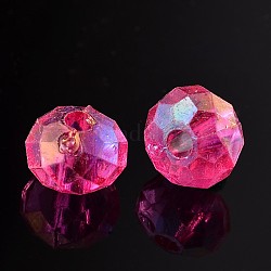Transparent Acrylic Beads, AB Color Plating, Faceted, Flat Round, Magenta, 8x6mm, Hole: 2mm, about 2300pcs/500g
