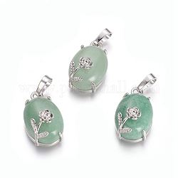 Natural Green Aventurine Pendants, with Platinum Tone Brass Findings, Oval with Flower, 22x13.8x10.3mm, Hole: 6x3.5mm