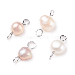 Dijes de conector de perlas naturales de agua dulce, Con 304 acero inoxidable bucles, pepitas, color de concha, 14x6~7.5x3.5~5mm, agujero: 1.5~2.5 mm