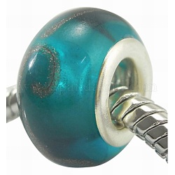 Dark Cyan Handmade Lampwork European Rondelle Beads, with Silver Color Brass Core, Size: about 13mm in diameter, 8.5mm thick, Hole: 5mm