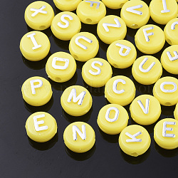Plaquage de perles acryliques opaques, métal enlacée, trou horizontal, plat rond avec la lettre, jaune, 10x6mm, Trou: 1.8mm, environ 1580 pcs/500 g
