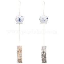 BENECREAT 2Pcs 2 Styles Round Handmade Porcelain Wind Chimes, with Polyester Cord & Paper, Blue, 520x70mm, 1pcs/styles