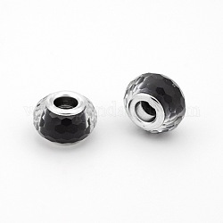 Faceted Resin European Beads, Large Hole Rondelle Beads, with Silver Tone Brass Cores, Black, 14x9mm, Hole: 5mm