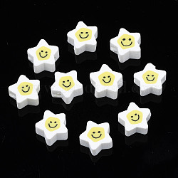 Бусины из полимерной глины , звезды с улыбающимся лицом, белые, 7.5~9x8.5~9x3.5~4 мм, отверстие : 1.6 мм
