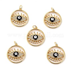Brass Micro Pave Cubic Zirconia Pendants, with Enamel, Long-Lasting Plated, Cadmium Free & Lead Free, Real 18K Gold Plated, Flat Round with Evil Eye, Black, 22x20x3mm, Hole: 3.6mm
