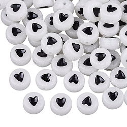 Perles acryliques blanches lumineuses, plat rond avec coeur noir, 7x3.5~4mm, Trou: 1.2mm, environ 1436 pcs/200 g