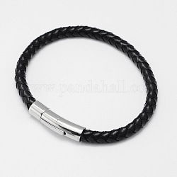 Плетеные браслеты шнур кожаный, с 304 нержавеющей стали штык застежками, чёрные, 210x6 мм
