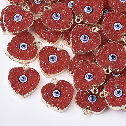 Ciondoli di resina druzy, con bordi in ferro placcato oro chiaro, cuore con occhio, rosso, 22~23x19x5.5mm, Foro: 1.8 mm