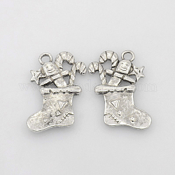 Tibetan Style Pendants, Lovely Christmas Stockings Charms, Nice for Holiday Jewelry Making, Lead Free & Cadmium Free & Nickel Free, Antique Silver, about 29mm long, 19mm wide, 3mm thick, hole: 3mm