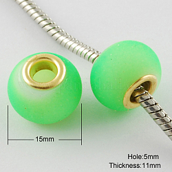 Glass European Beads, with Golden Plated Brass Double Cores, Large Hole Beads, Rubberized Style, Rondelle, Lawn Green, 15x11mm, Hole: 5mm