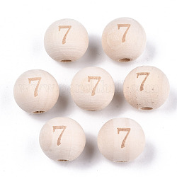 Unvollendete europäische Perlen aus Naturholz, Großloch perlen, Lasergravurmuster, rund mit nummer, num. 7, 15~16x14~15 mm, Bohrung: 4 mm