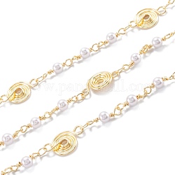 Handmade Brass Beaded Chains, with Glass Imitation Pearl, Swirl, Long-Lasting Plated, Soldered, with Spool, Light Gold, link: 4x3x0.4mm, bead: 13x4mm,  Flat round: 15x9x2mm, 32.8 Feet(10m)/roll