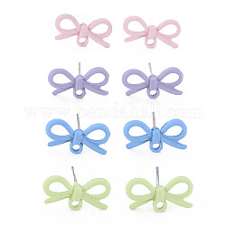 Spray Painted Alloy Stud Earring Findings, with Loop, Cadmium Free & Lead Free, Bowknot, Mixed Color, 8.5x16mm, Hole: 1.8mm, Pin: 0.7mm